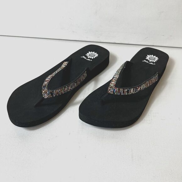 Yellow Box Flip Flops Black Sequined Thong Leather Sandals Women's 10 Zemily New - Picture 4 of 6